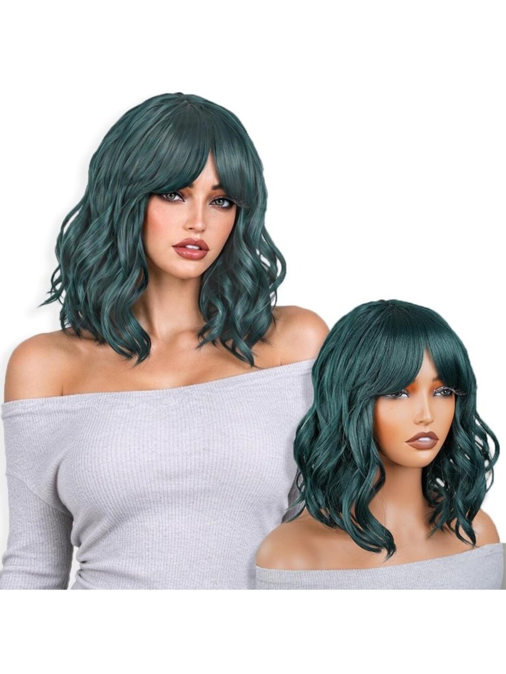 Women's GREEN3 Shoulder Ombre Bob Party Wig with Bangs Short Curly Synthetic